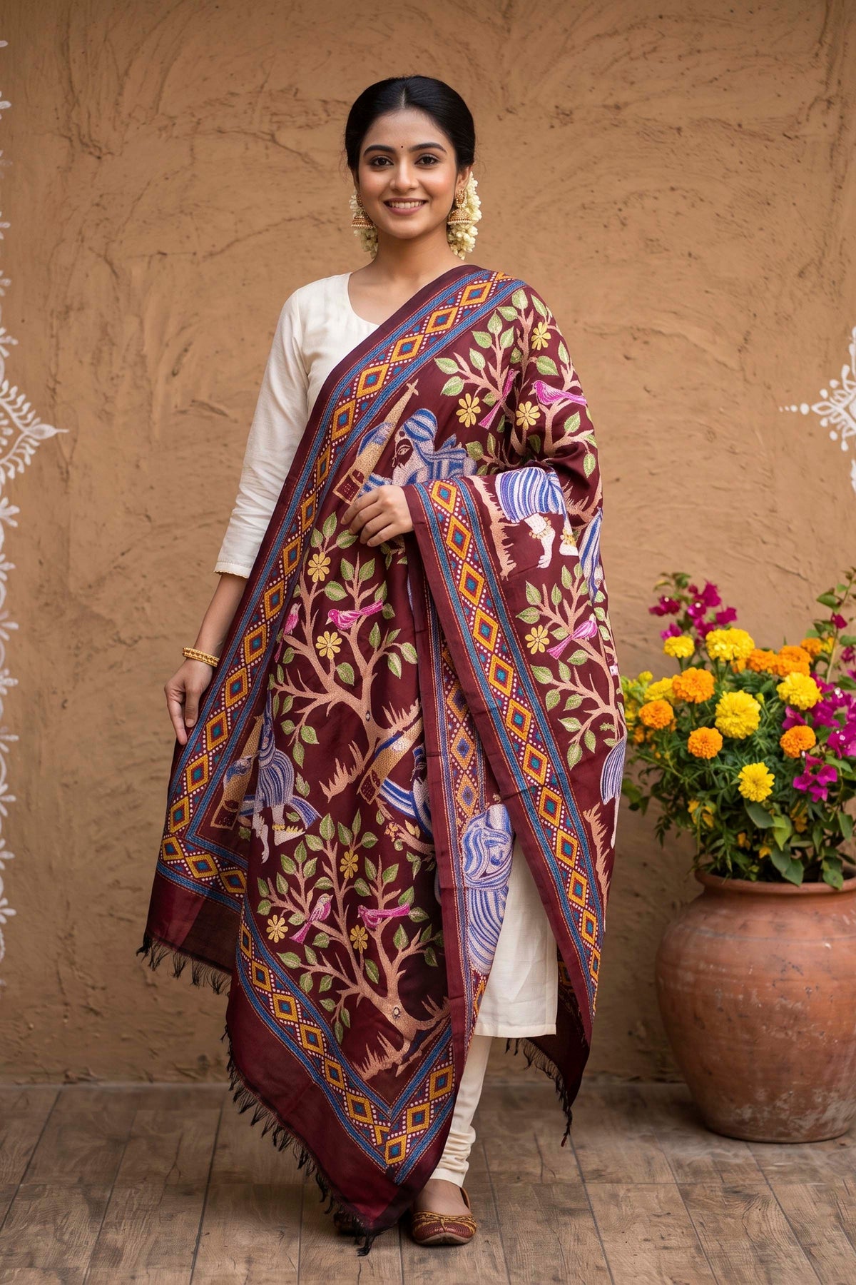 Pure Bangalore Silk Kantha Stitch Dupatta SN26KD110