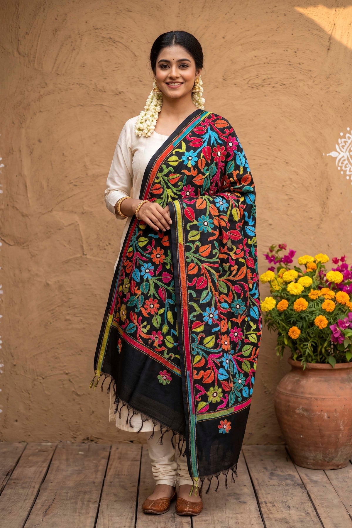 Pure Bangalore Silk Kantha Stitch Dupatta SN26KD111