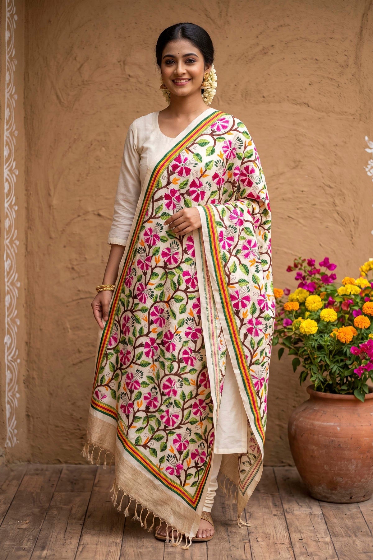 Tussar Kantha Stitch Dupatta SN26KD116