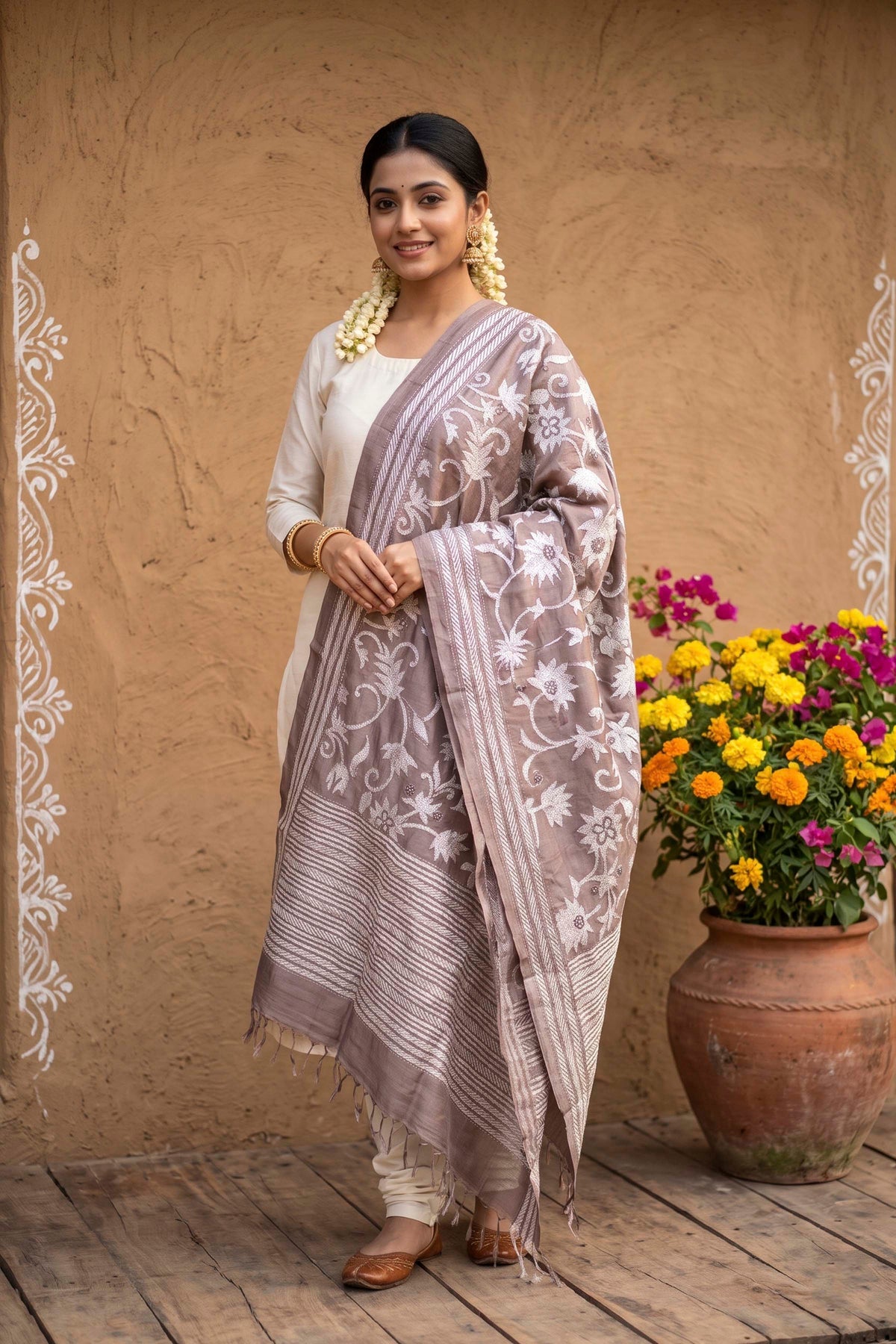 Pure Tussar Kantha Stitch Dupatta SN26KD161