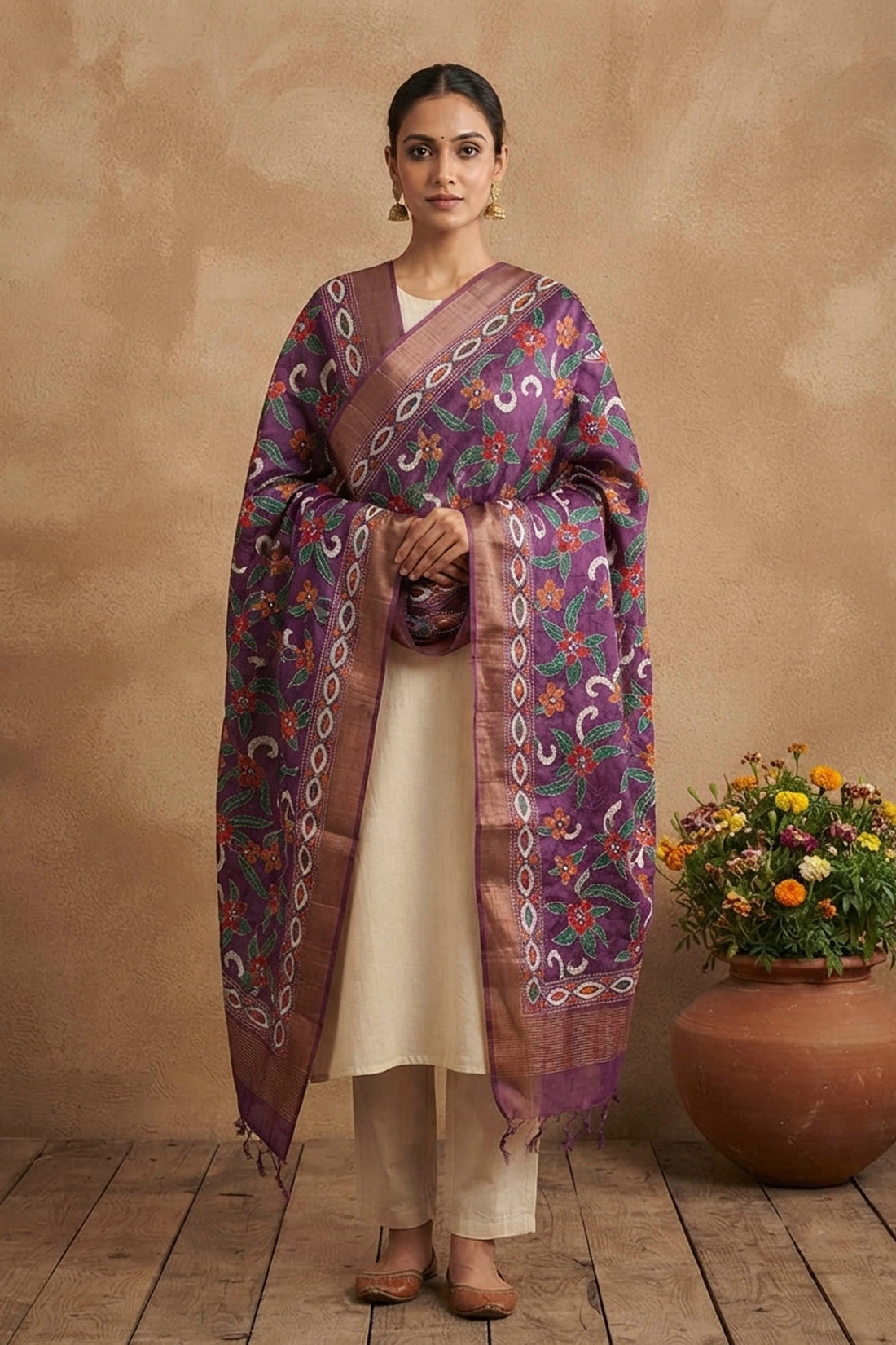 Zari Border Pure Tussar Kantha Stitch Dupatta SN26KD01