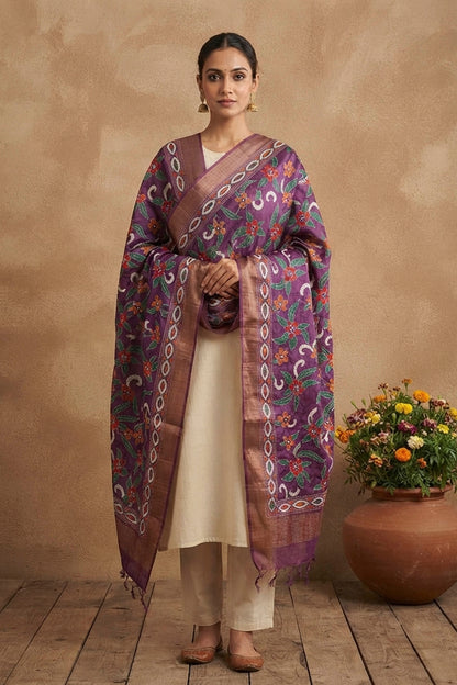 Zari Border Pure Tussar Kantha Stitch Dupatta SN26KD01