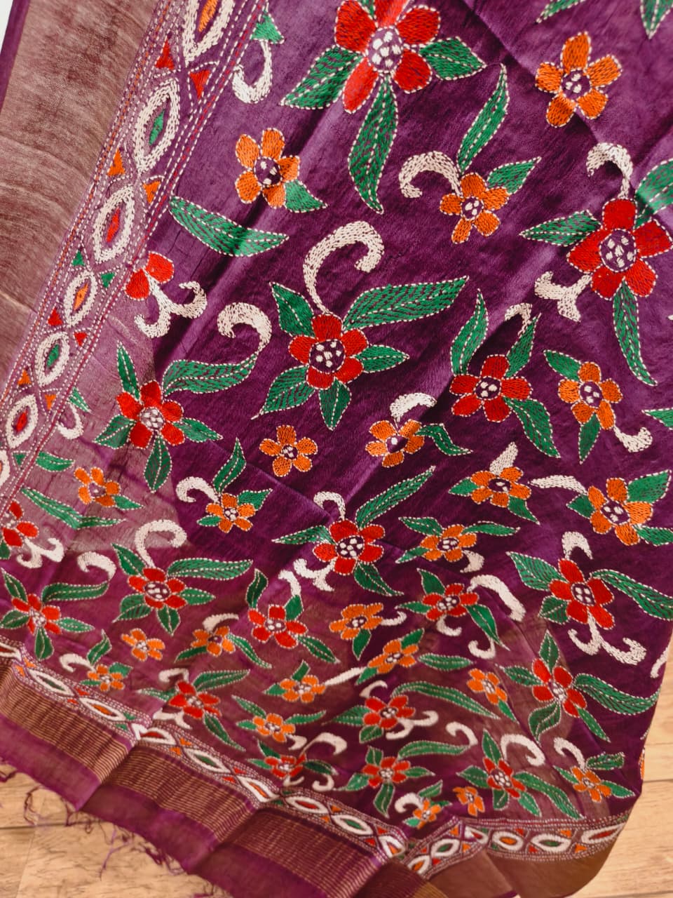 Zari Border Pure Tussar Kantha Stitch Dupatta SN26KD01