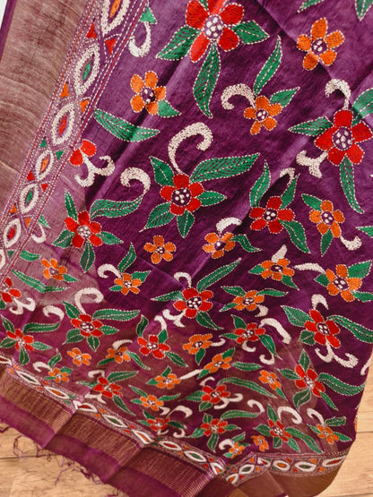 Zari Border Pure Tussar Kantha Stitch Dupatta SN26KD01