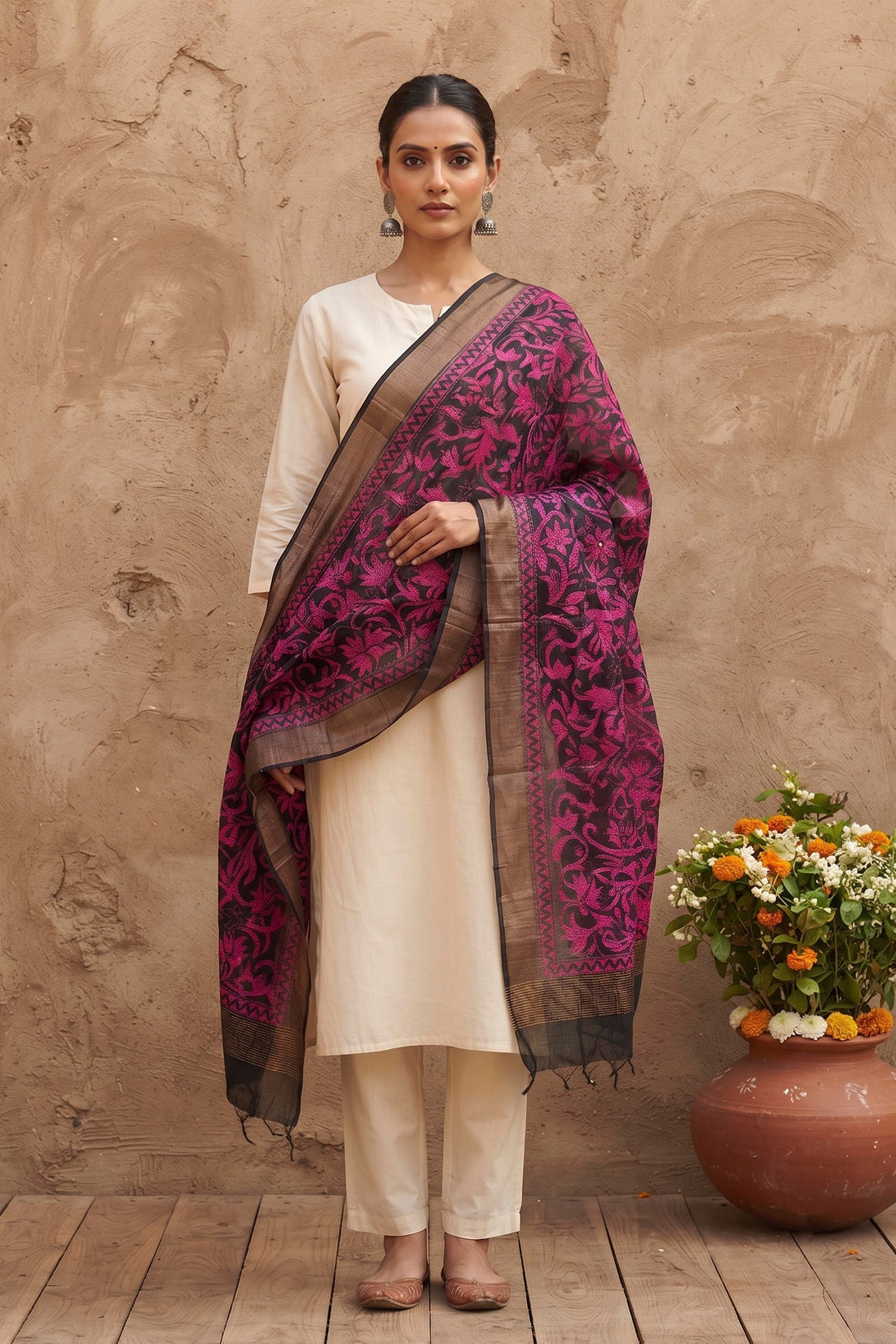 Zari Border Pure Tussar Kantha Stitch Dupatta SN26KD04