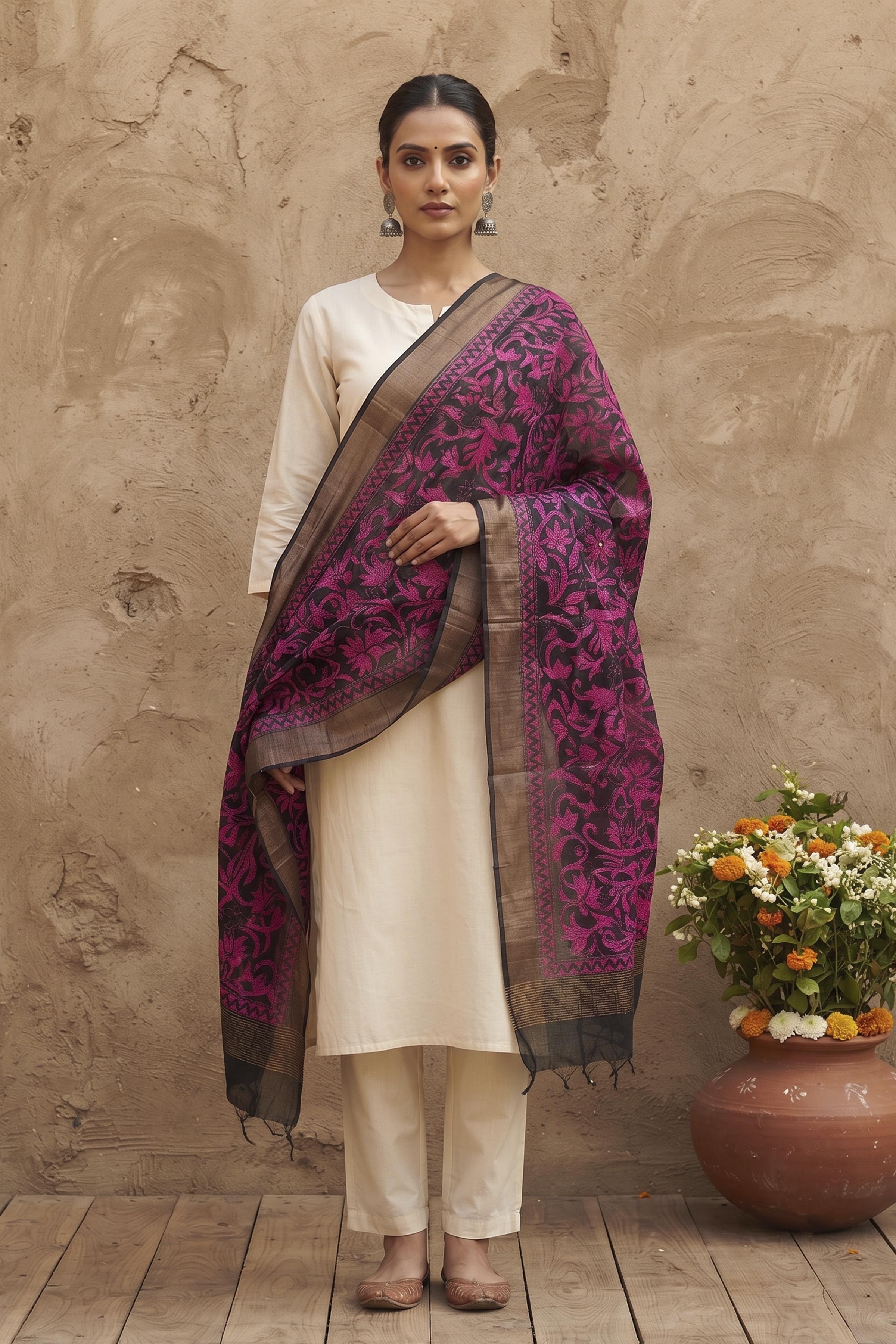 Zari Border Pure Tussar Kantha Stitch Dupatta SN26KD04