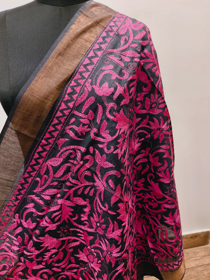Zari Border Pure Tussar Kantha Stitch Dupatta SN26KD04