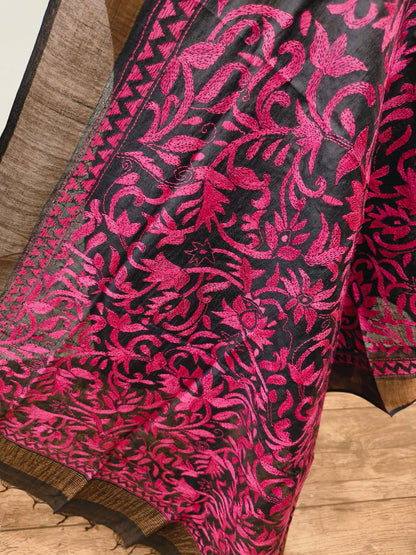 Zari Border Pure Tussar Kantha Stitch Dupatta SN26KD04