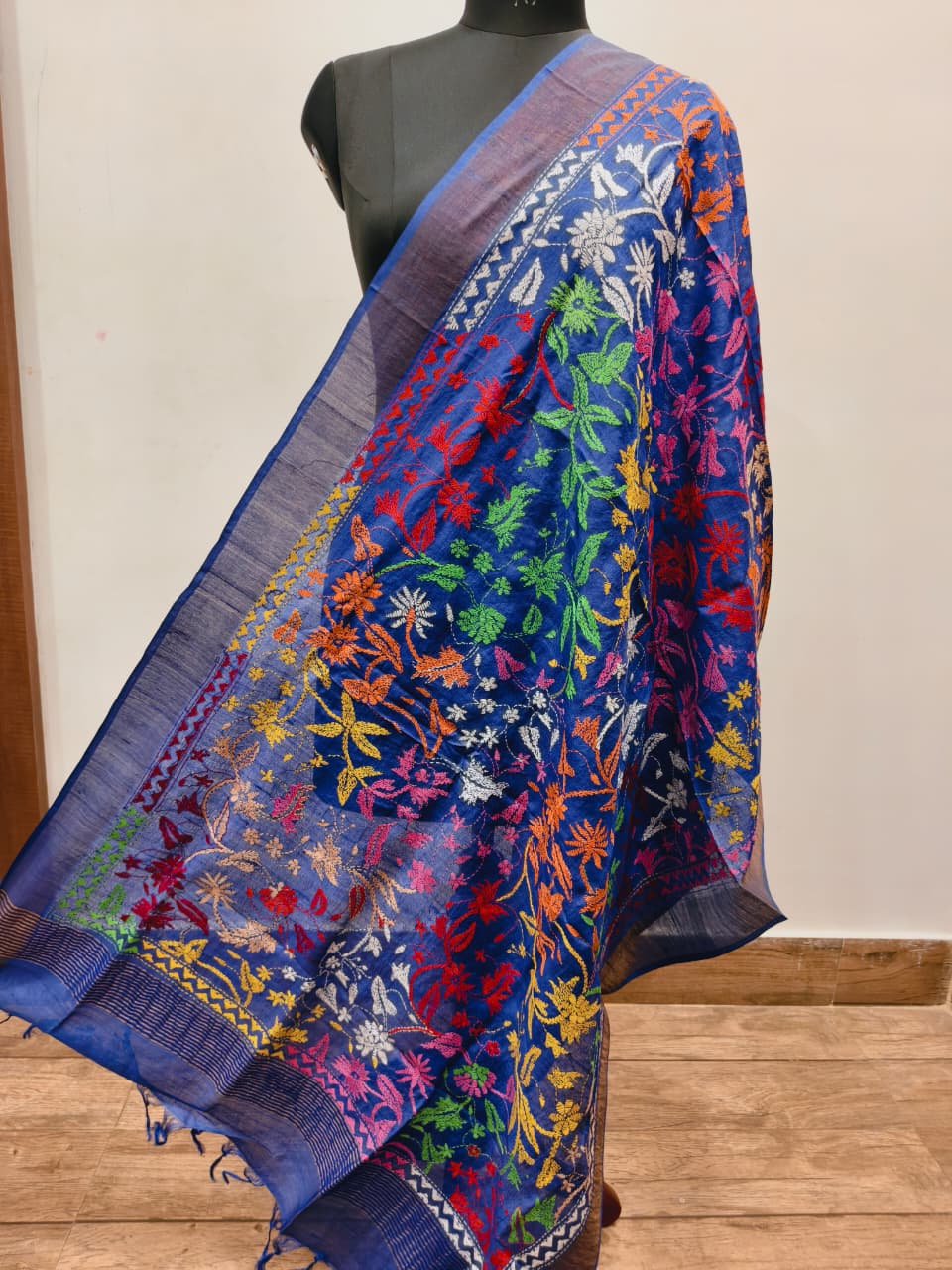 Zari Border Pure Tussar Kantha Stitch Dupatta SN26KD07