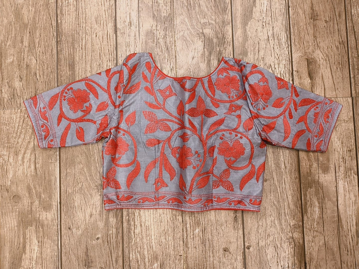 Grey Pure Bangalore Silk Kantha Stitch Blouse SN26WP078
