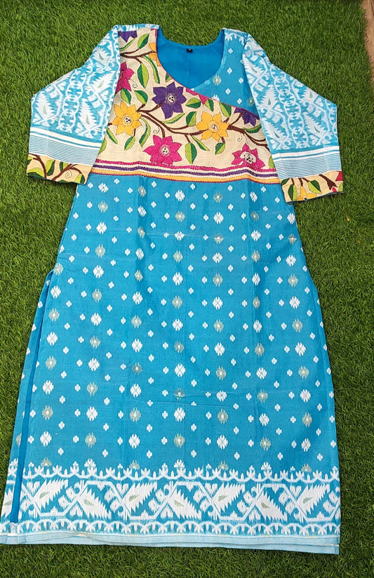 Resham Jamdani Kantha stitch patch Kurti SN2023WPRJ79