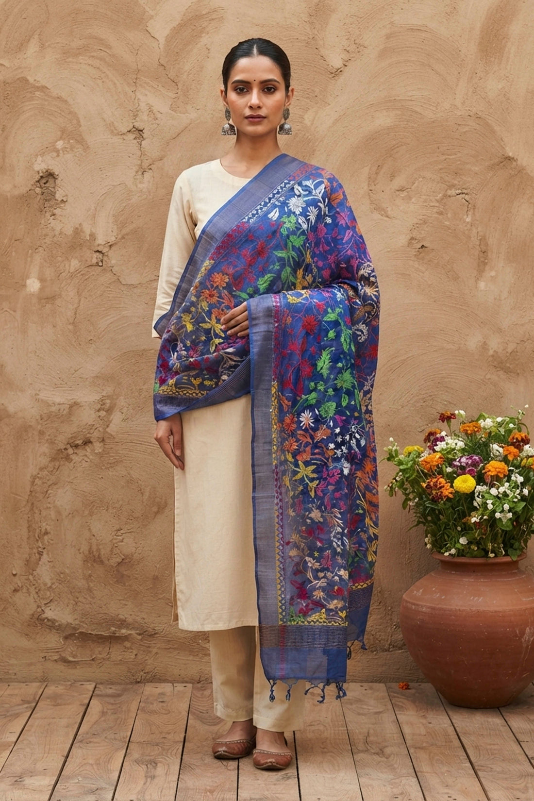 Zari Border Pure Tussar Kantha Stitch Dupatta SN26KD07