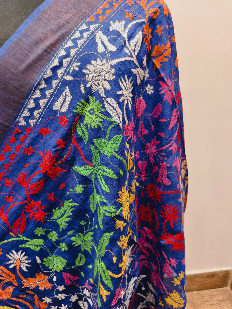 Zari Border Pure Tussar Kantha Stitch Dupatta SN26KD07