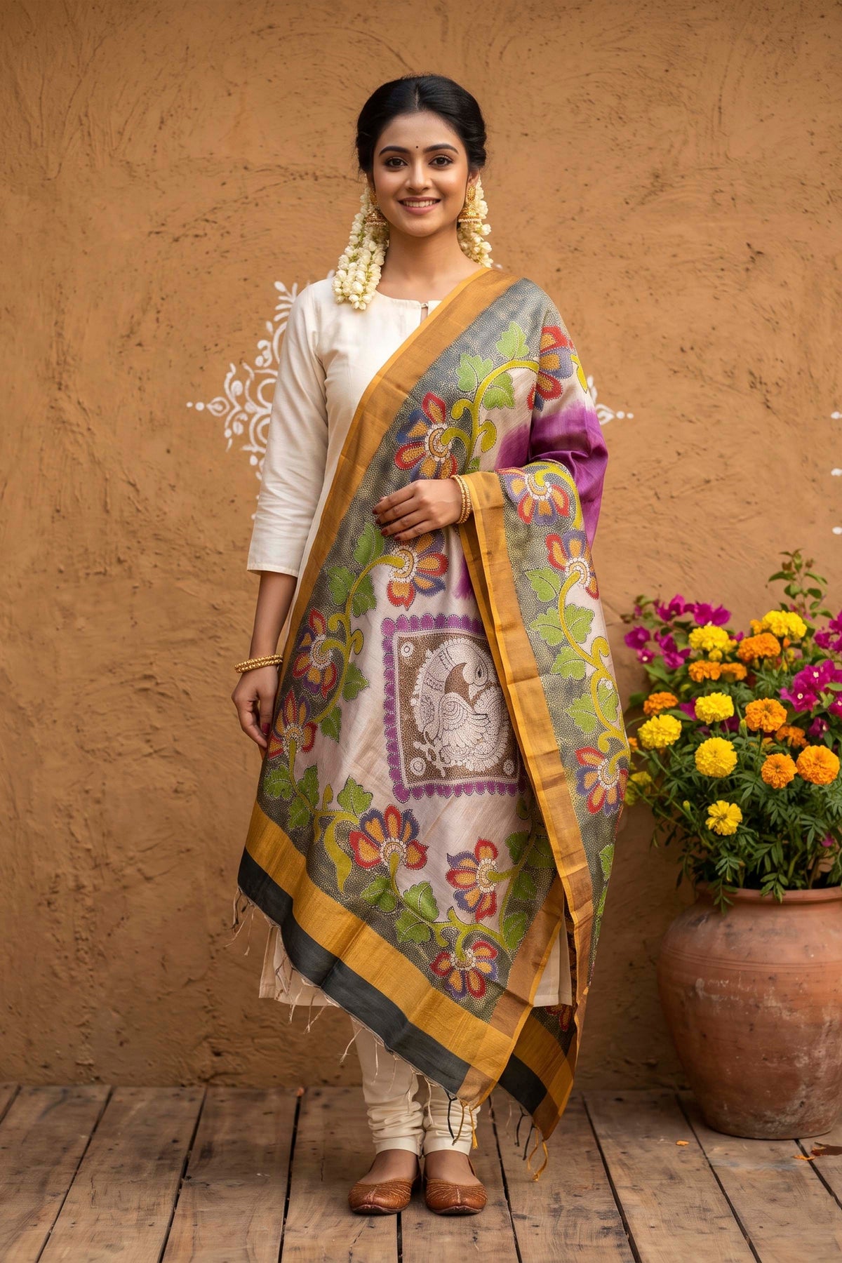 Pure Tussar Kantha Stitch Dupatta SN26KD84
