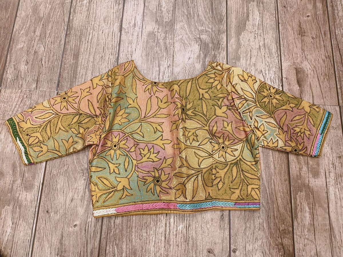 Yellow Pure Bangalore Silk Kantha Stitch Blouse SN26WP085