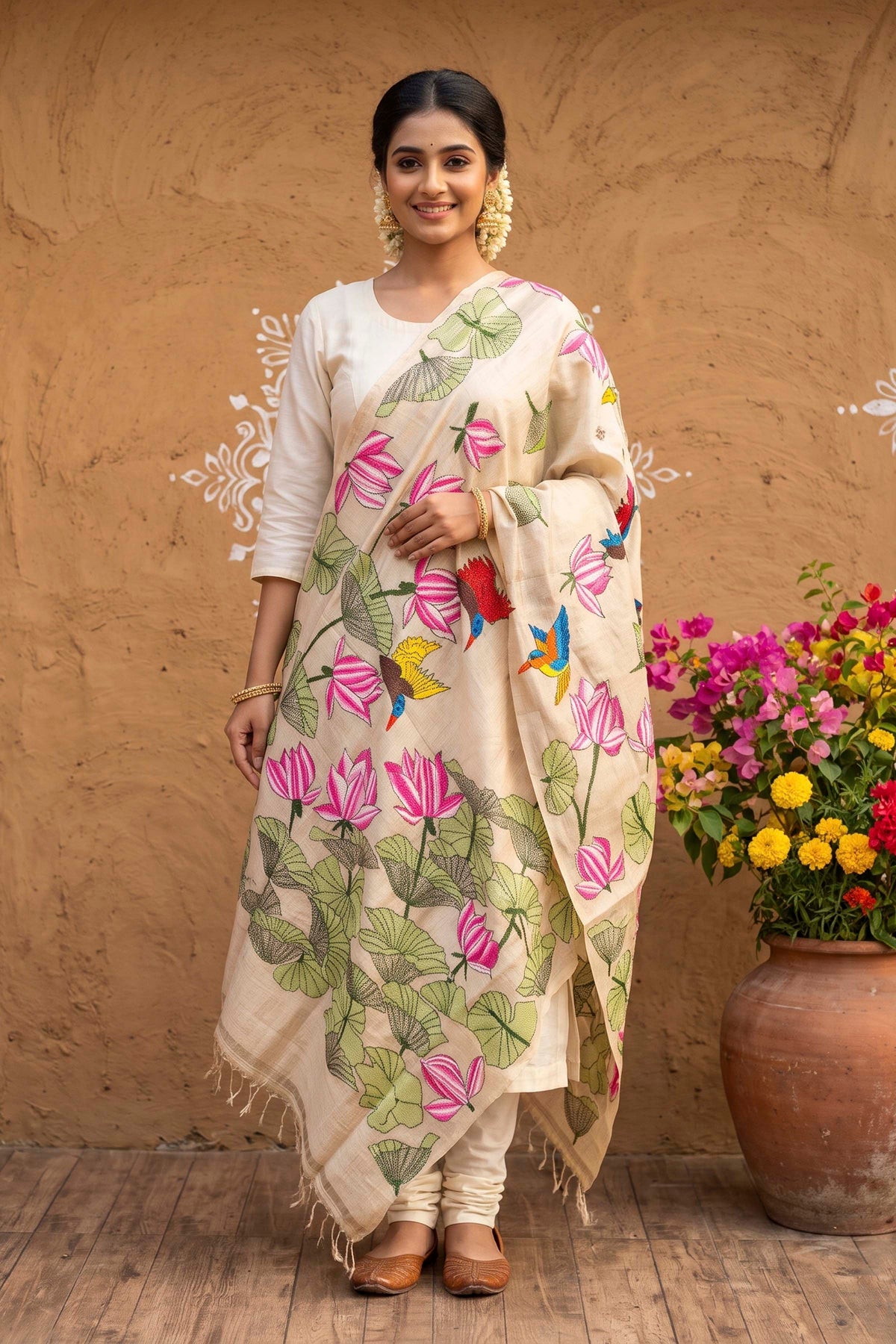 Pure Tussar Kantha Stitch Dupatta SN26KD87