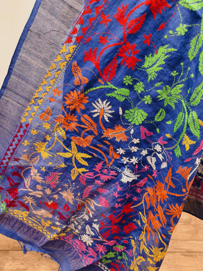 Zari Border Pure Tussar Kantha Stitch Dupatta SN26KD07
