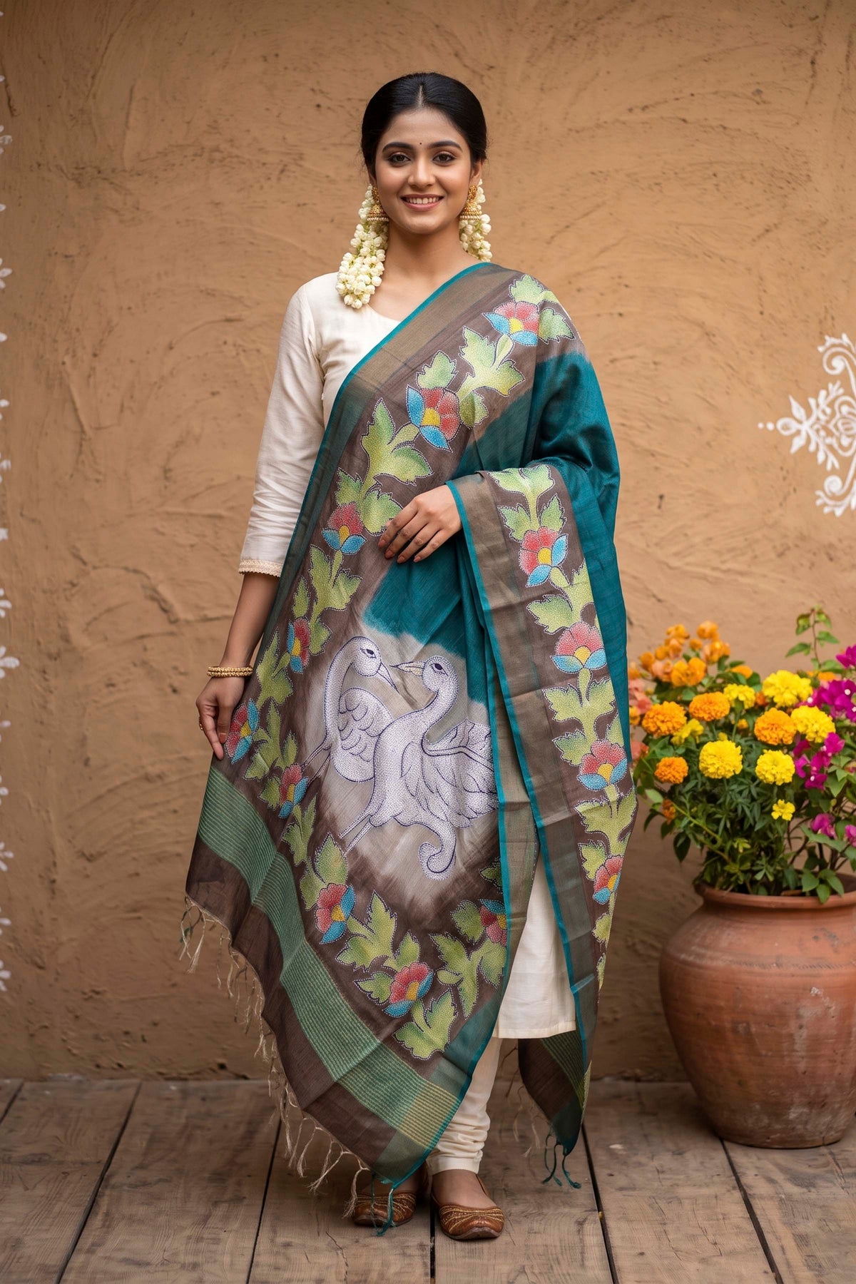 Pure Tussar Kantha Stitch Dupatta SN26KD92
