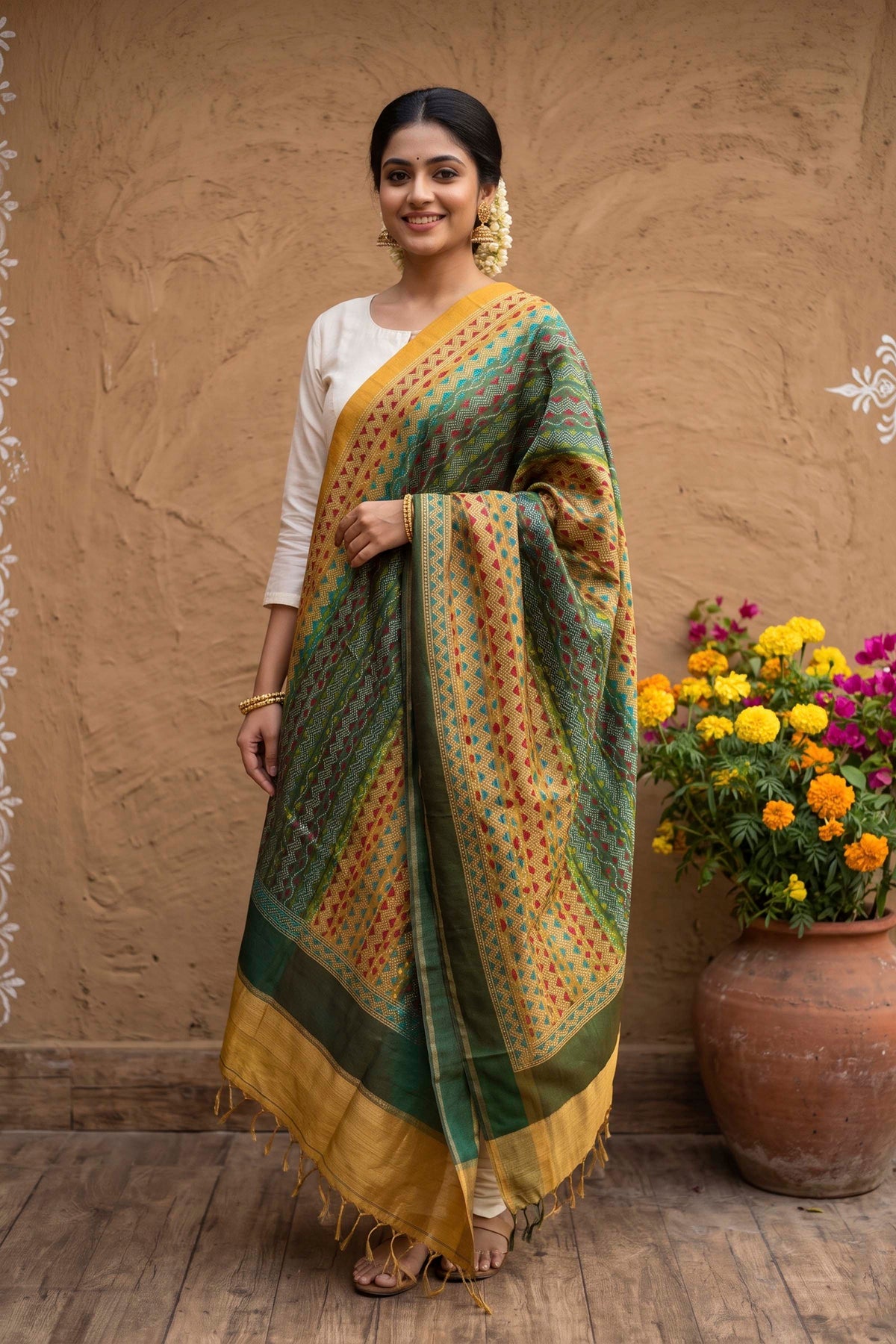 Pure Tussar Kantha Stitch Dupatta SN26KD94