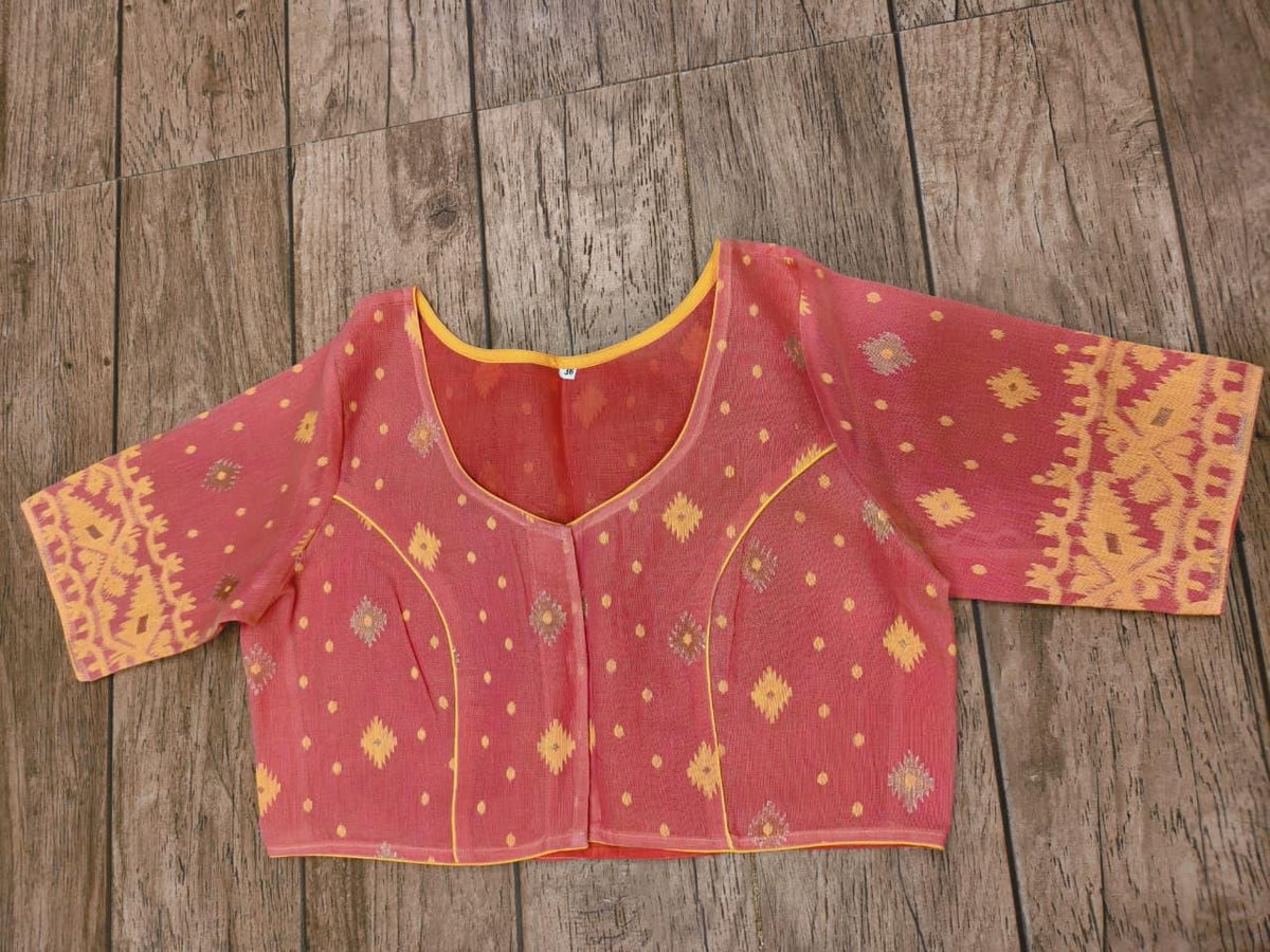 Dusty Red Glass Sleeve Rasham Jamdani Blouse SN26WP103