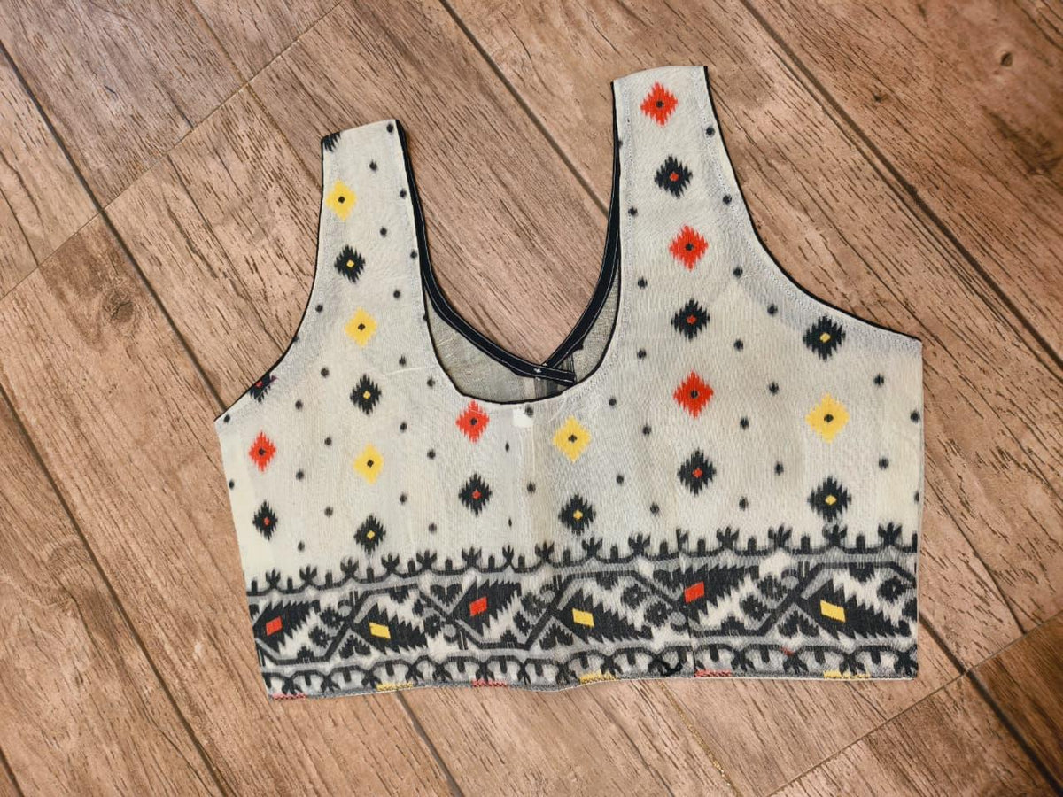White-Black Sleeveless Rasham Jamdani Blouse SN26WP109