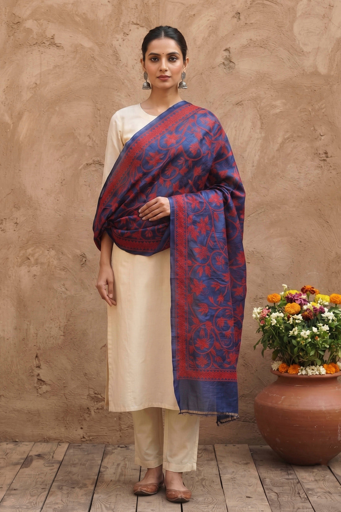 Pure Tussar Kantha Stitch Dupatta SN26KD10