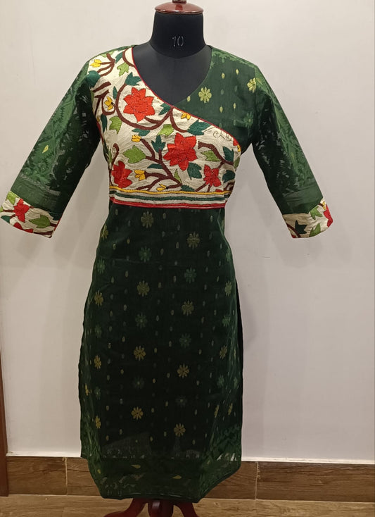 Resham Jamdani Kantha stitch patch Kurti SN2023WPRJ122