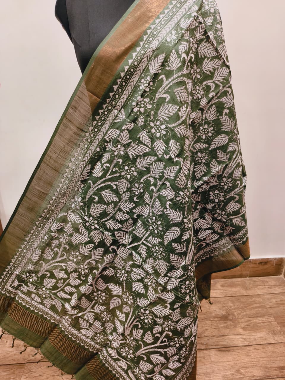 Zari Border Pure Tussar Kantha Stitch Dupatta SN26KD13