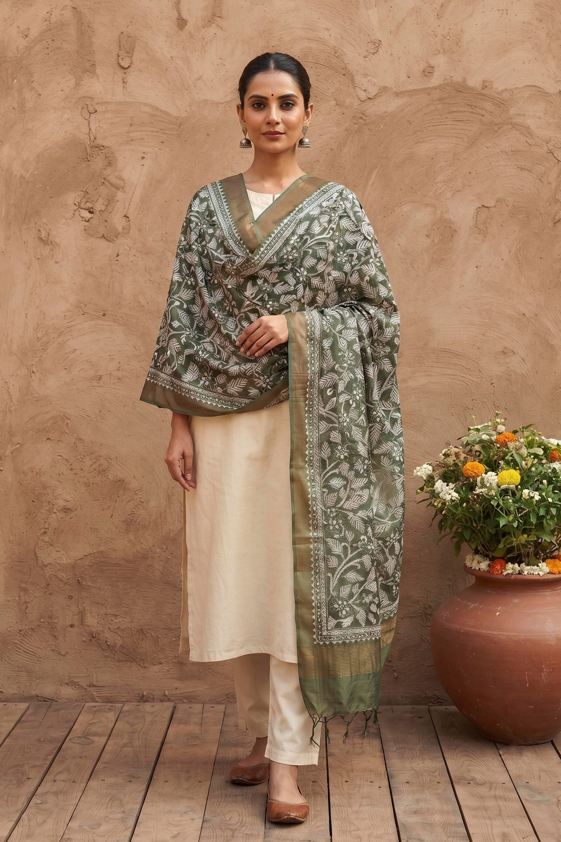 Zari Border Pure Tussar Kantha Stitch Dupatta SN26KD13
