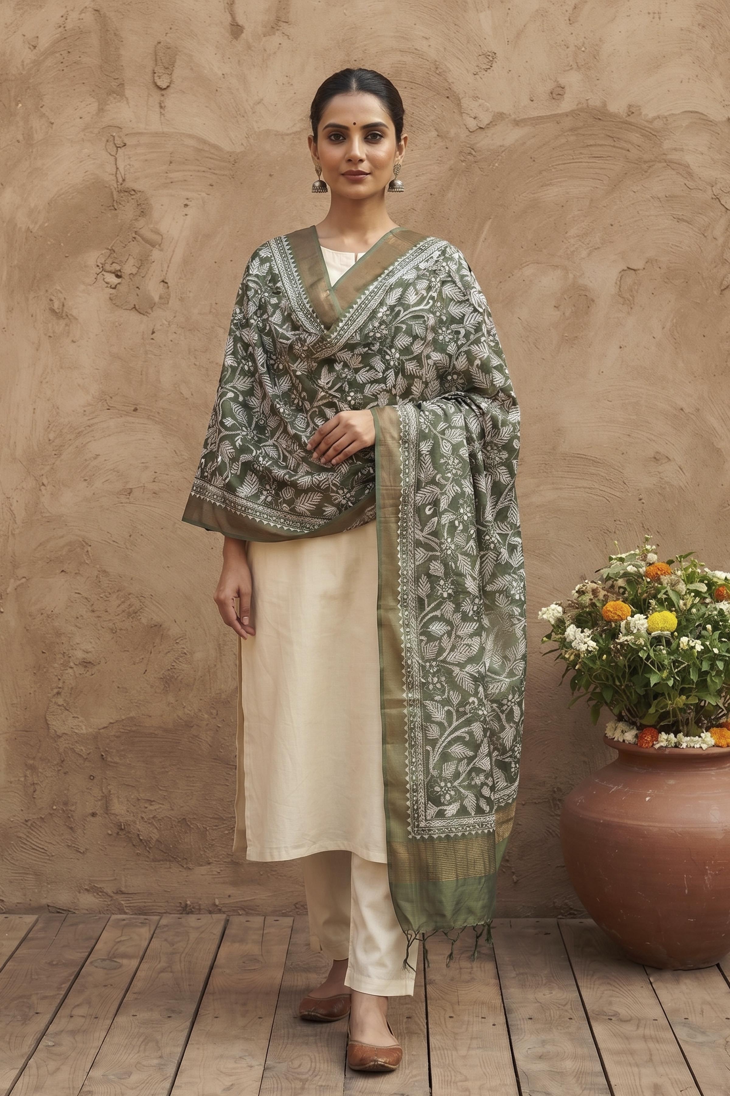Zari Border Pure Tussar Kantha Stitch Dupatta SN26KD13