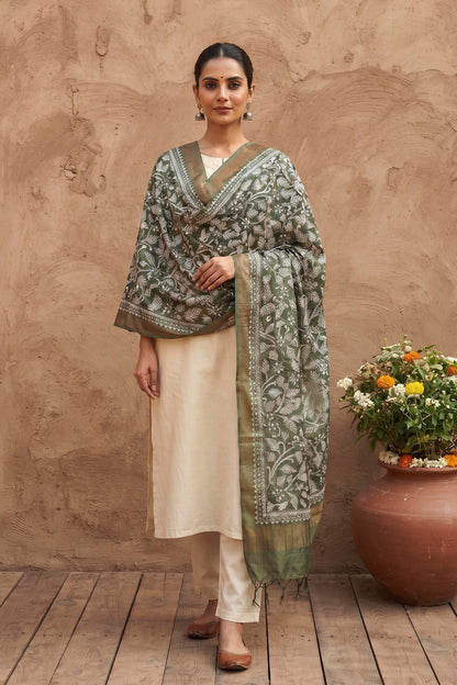 Zari Border Pure Tussar Kantha Stitch Dupatta SN26KD13