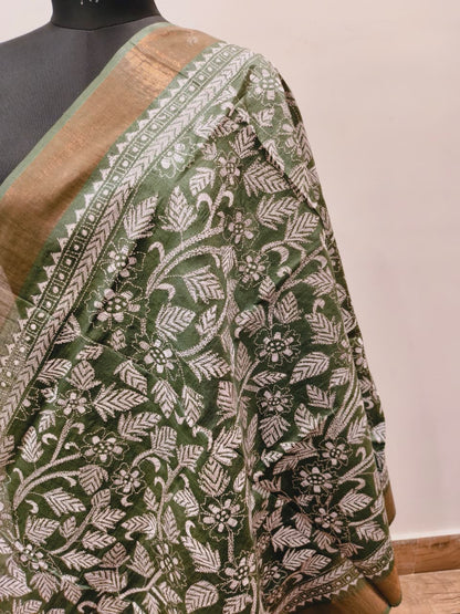 Zari Border Pure Tussar Kantha Stitch Dupatta SN26KD13