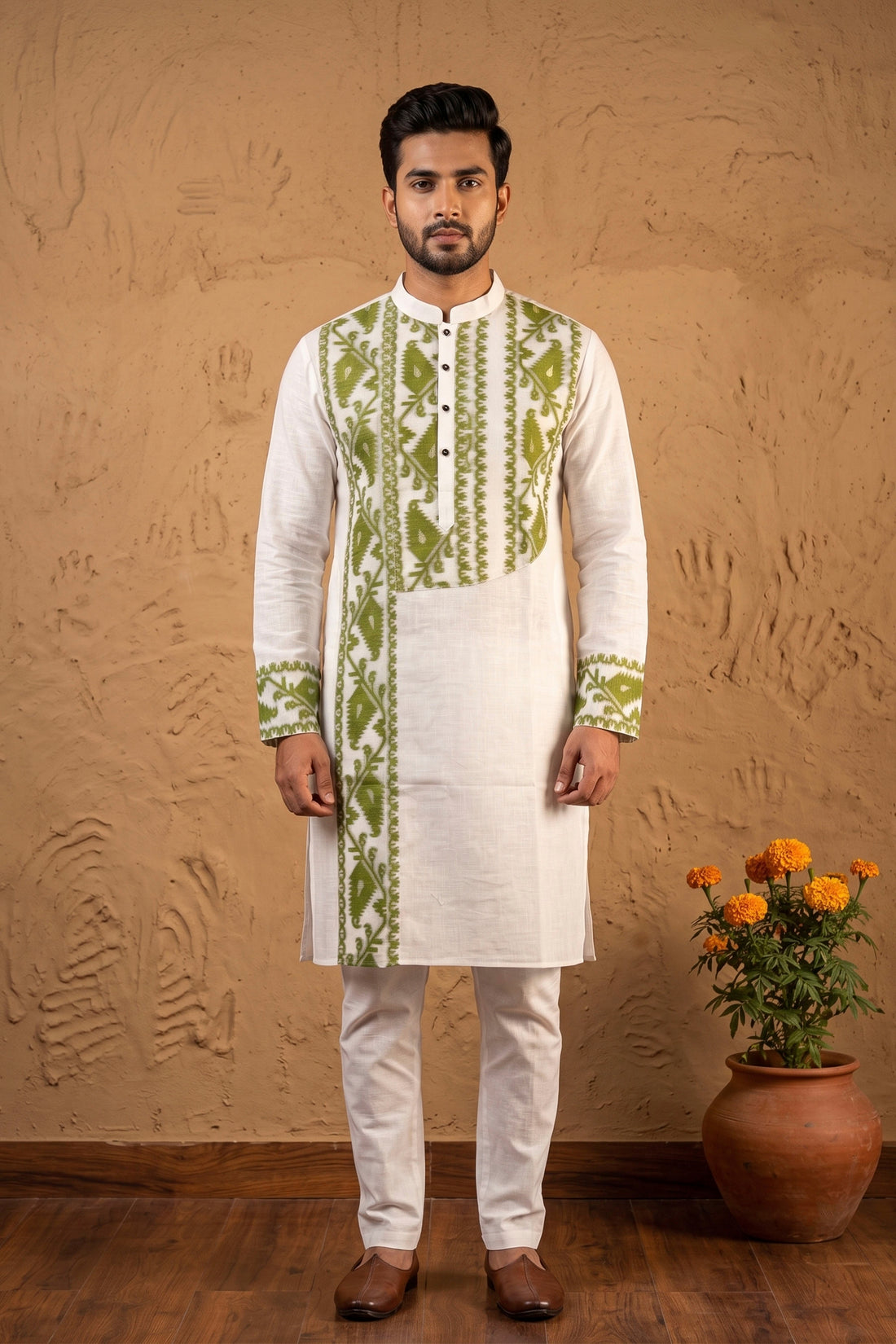 White Color Cotton with Jamdani Patch Work Panjabi