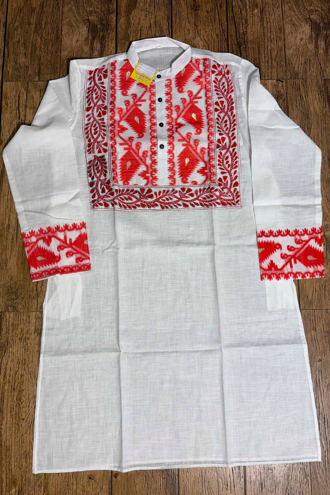 White Color Cotton with Red Jamdani and Kantha Patch Work Panjabi