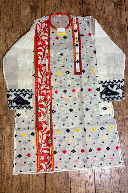 White Color Jamdani And Kantha Patch Work Panjabi