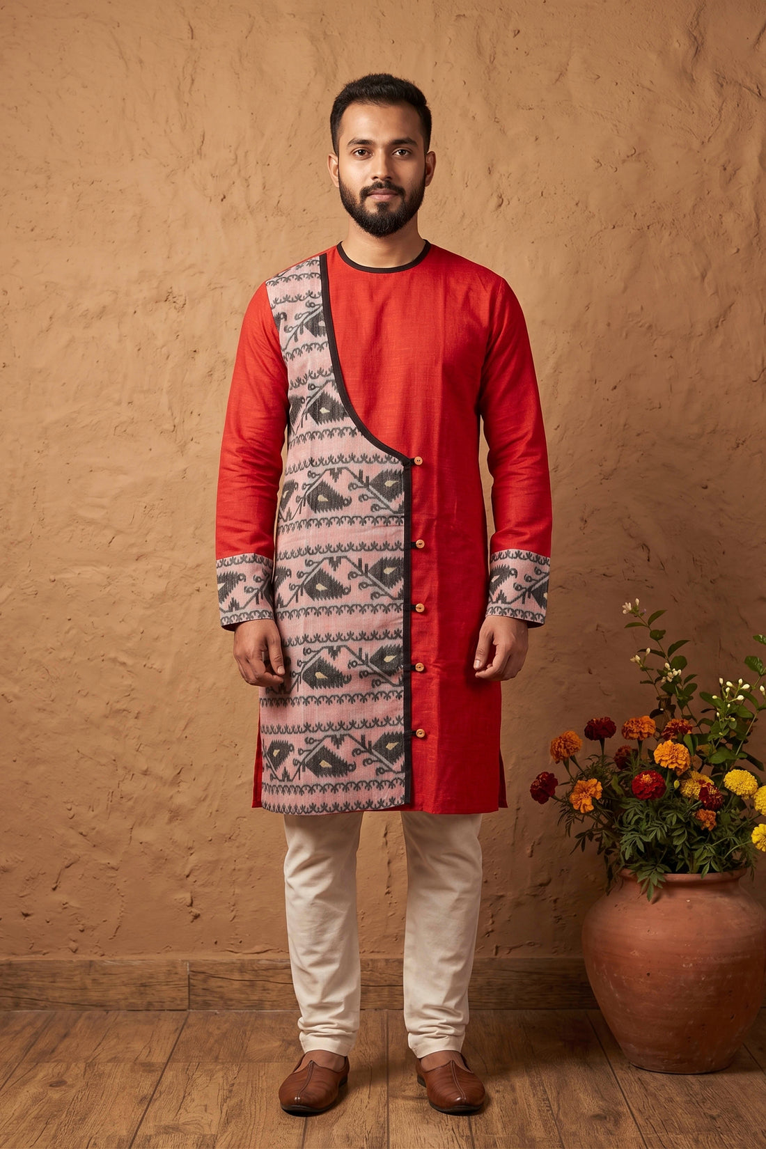 Red Color Cotton with Jamdani Patch Work Panjabi