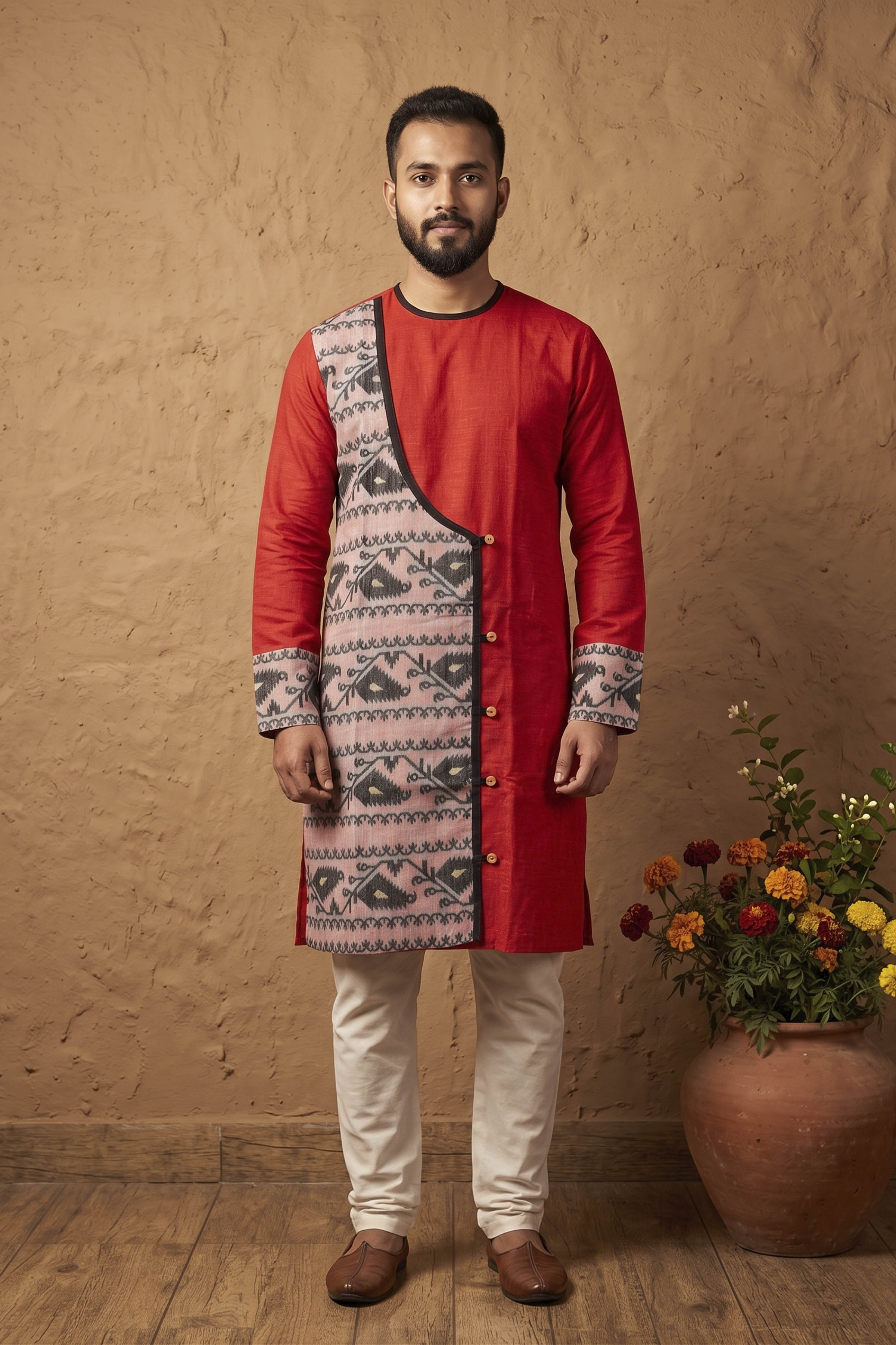 Red Color Cotton with Jamdani Patch Work Panjabi