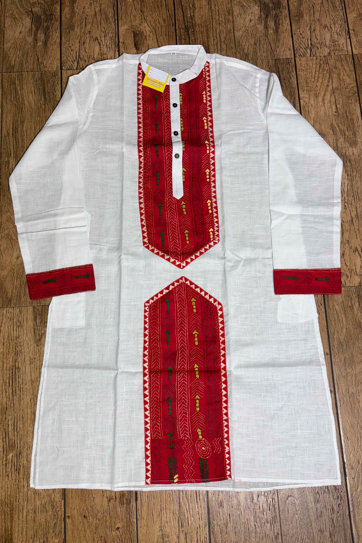White Color Cotton with Multicolor Thread Kantha Patch Work Panjabi