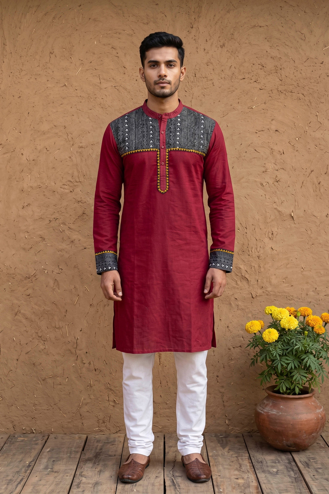 Maroon Color Cotton with Multicolor Thread Black Kantha Patch Work Panjabi
