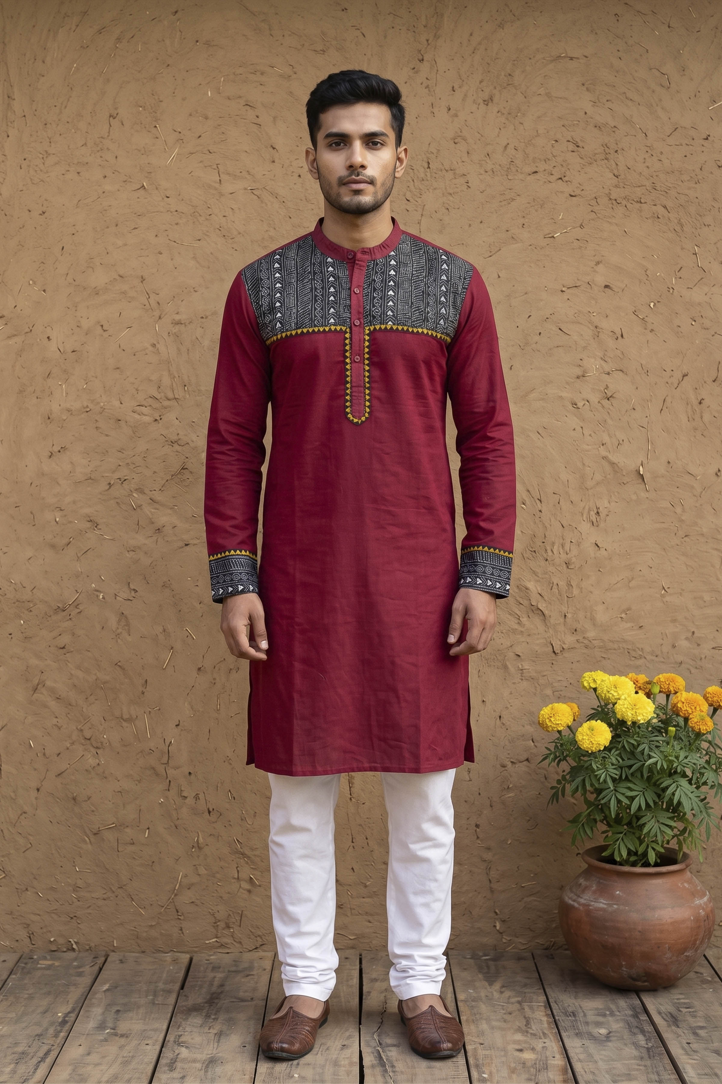 Maroon Color Cotton with Multicolor Thread Black Kantha Patch Work Panjabi