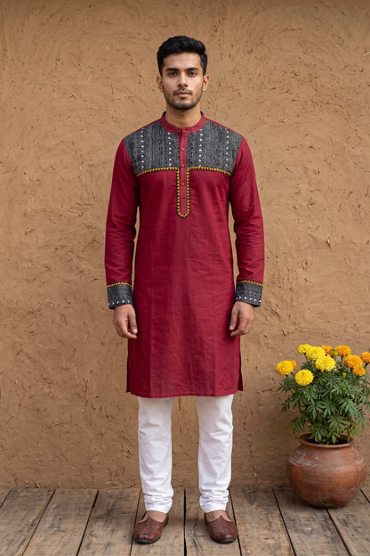Maroon Color Cotton with Multicolor Thread Black Kantha Patch Work Panjabi