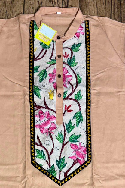 Beige Cream Color Cotton with Multicolor Thread Kantha Patch Work Panjabi