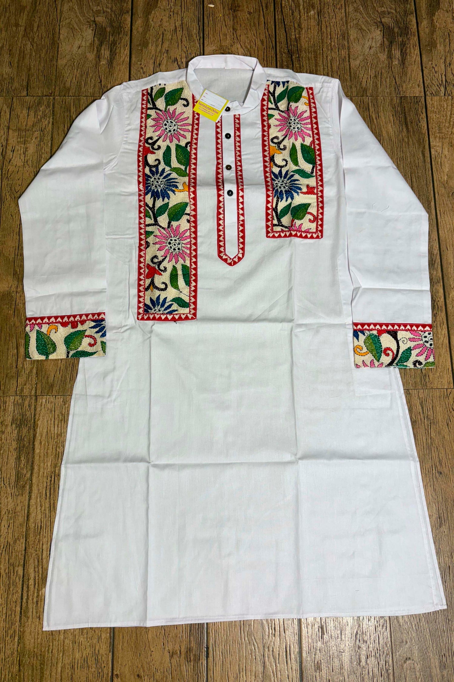 White Color Cotton with Multicolor Thread Kantha Patch Work Panjabi
