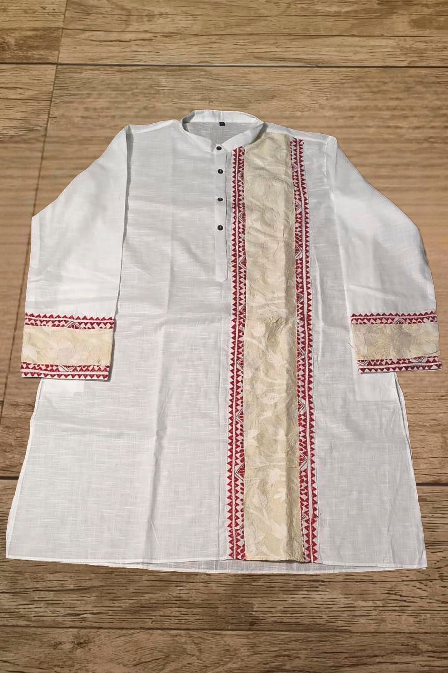 White Color Cotton with Tricolor Thread Kantha Patch Work Panjabi