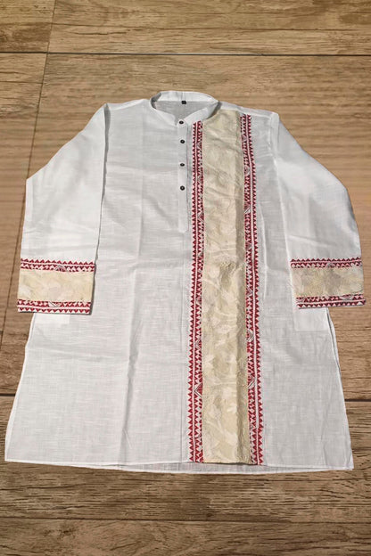White Color Cotton with Tricolor Thread Kantha Patch Work Panjabi