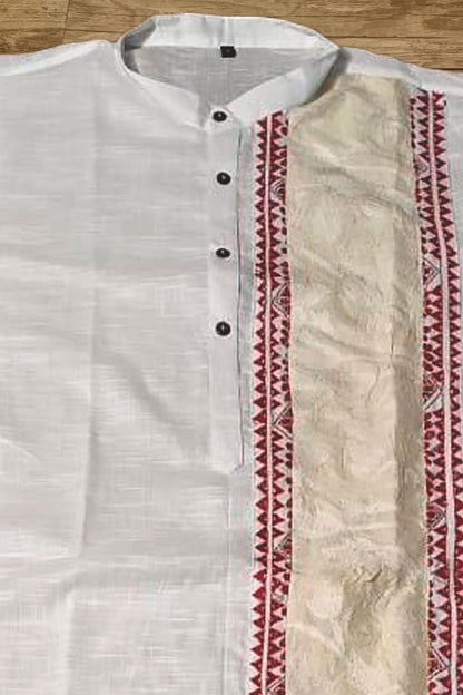 White Color Cotton with Tricolor Thread Kantha Patch Work Panjabi
