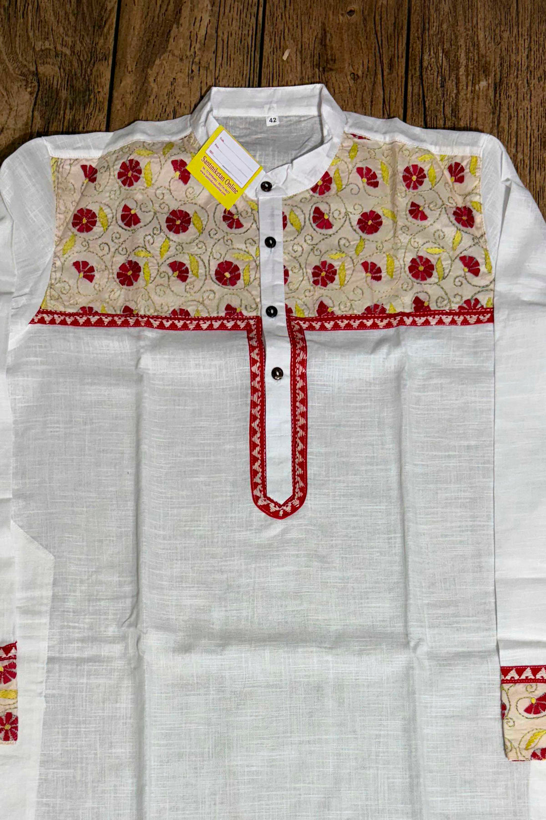 White Color Cotton with Tricolor Thread Kantha Patch Work Panjabi