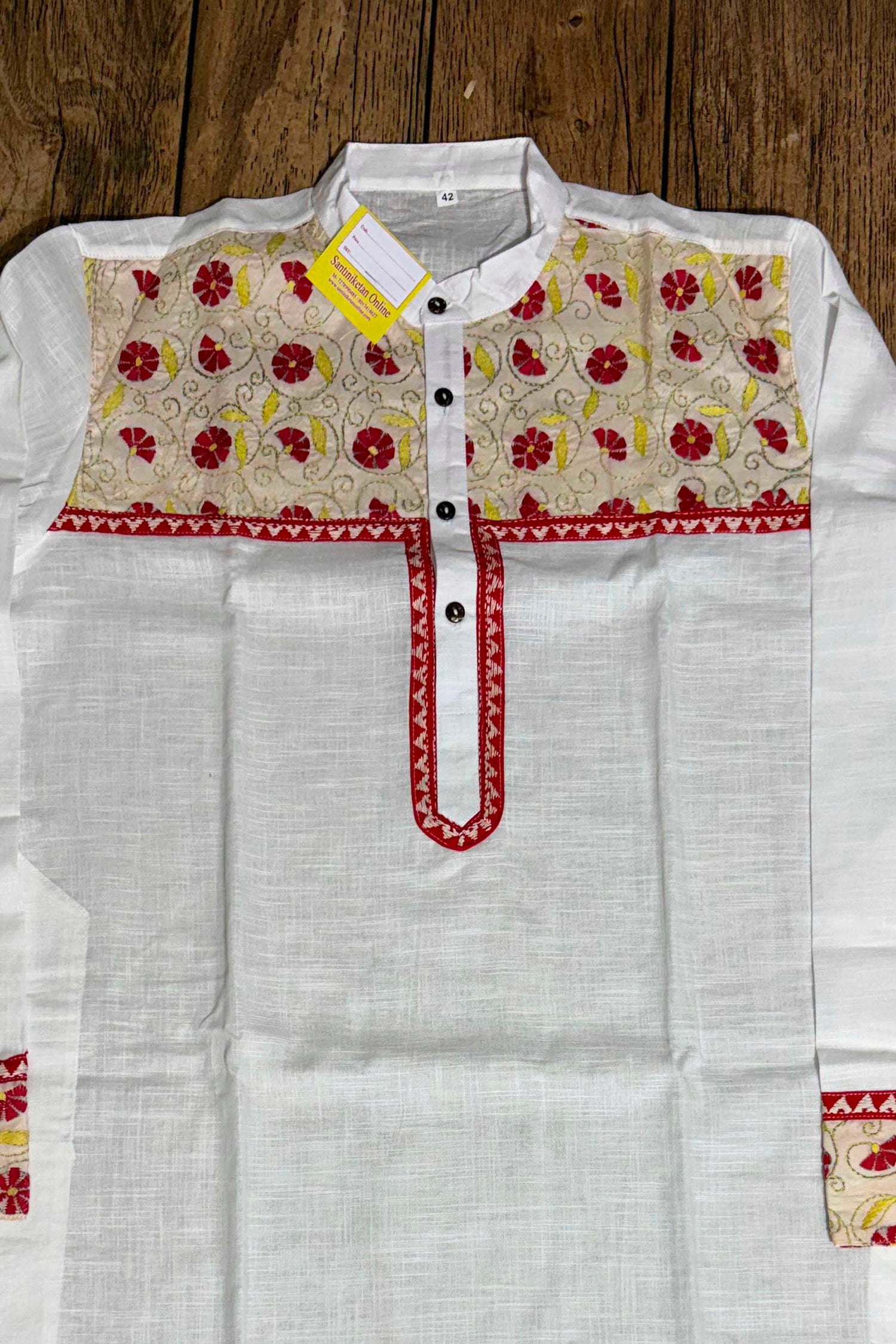 White Color Cotton with Tricolor Thread Kantha Patch Work Panjabi