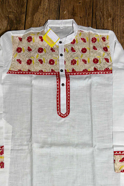White Color Cotton with Tricolor Thread Kantha Patch Work Panjabi