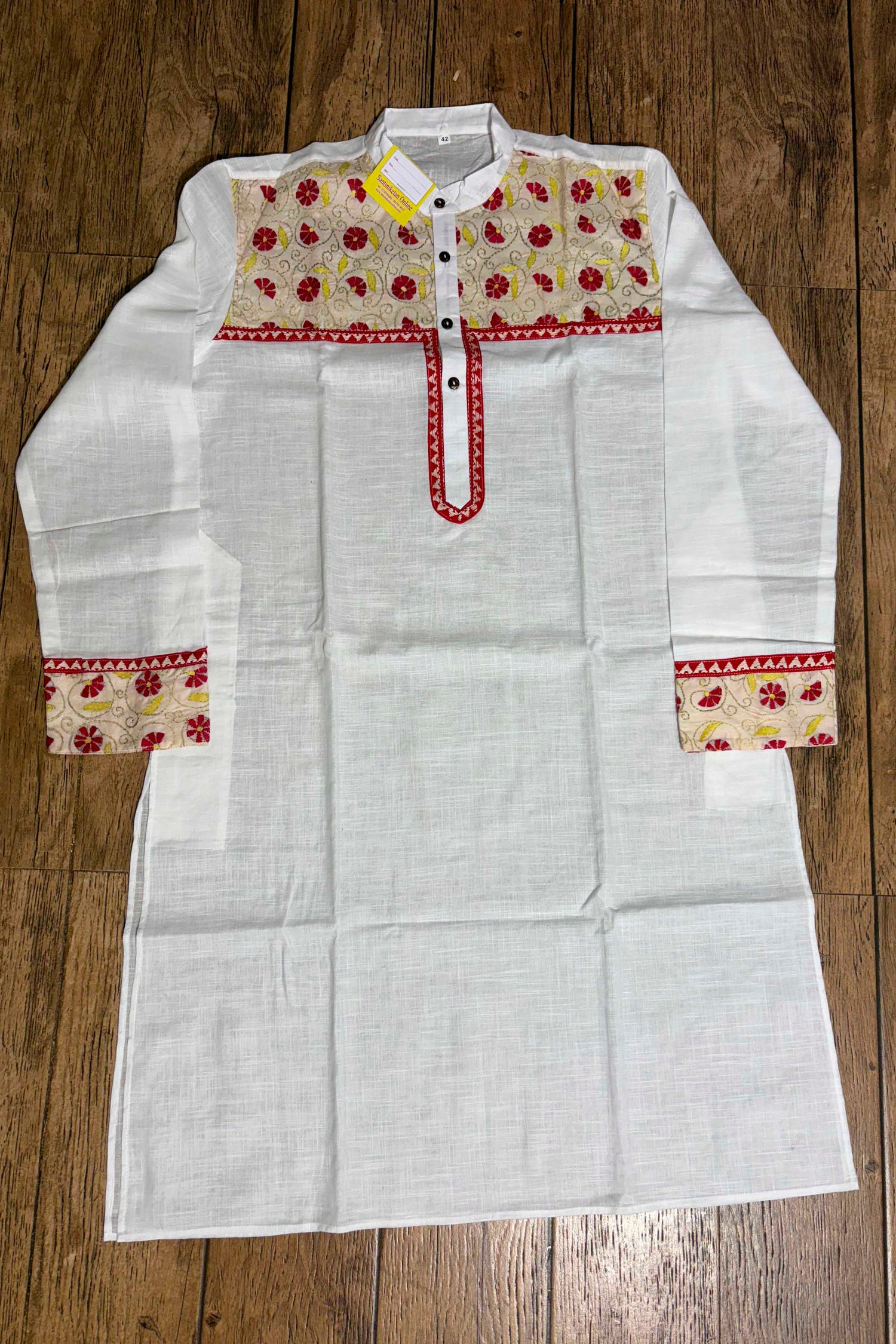 White Color Cotton with Tricolor Thread Kantha Patch Work Panjabi